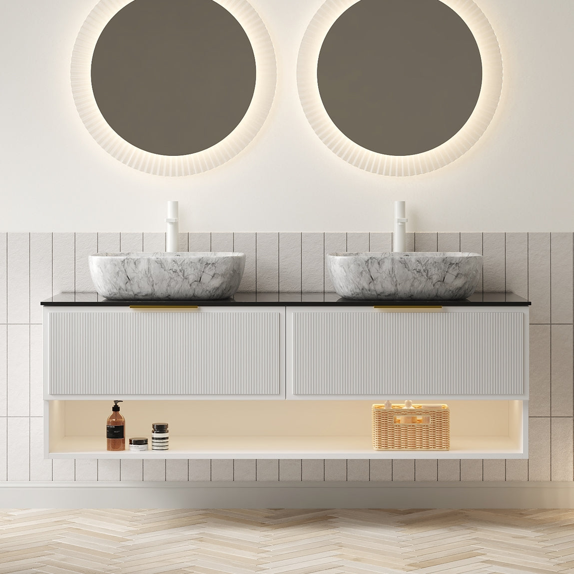 60 Bathroom Vanity with Sinks Floating Plywood Cabinet 2 Pinstripe Drawers Shelf Sensor Light 2 Marble Pattern Ceramic Vessel Basins Black Sintered Stone Top White