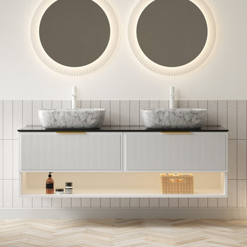 60 Bathroom Vanity with Sinks Floating Plywood Cabinet 2 Pinstripe Drawers Shelf Sensor Light 2 Marble Pattern Ceramic Vessel Basins Black Sintered Stone Top White