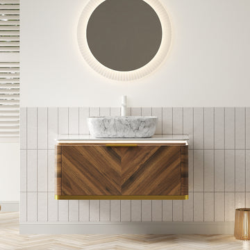 36 Bathroom Vanity with Sink Floating Plywood Cabinet Sensor Light Drawer Marble Pattern Rectangle Ceramic Vessel Basin Sintered Stone Dark Walnut