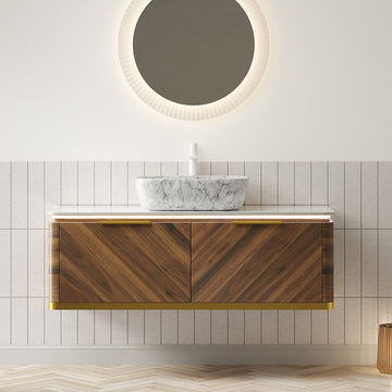 48 Bathroom Vanity with Sink Floating Plywood Cabinet Drawers Handle Sensor Light Marble Pattern Ceramic Vessel Basin Sintered Stone Dark Walnut