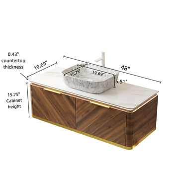 48 Bathroom Vanity with Sink Floating Plywood Cabinet Drawers Handle Sensor Light Marble Pattern Ceramic Vessel Basin Sintered Stone Dark Walnut