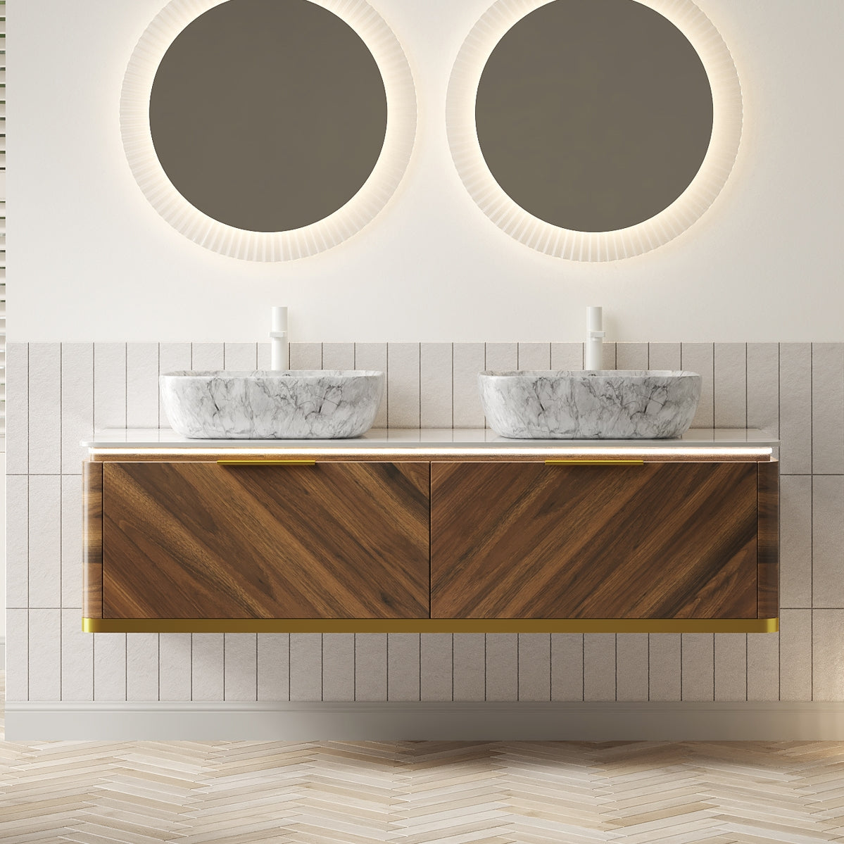 60 Bathroom Vanity with Sinks Floating Plywood Cabinet 2 Drawers Sensor Light 2 Marble Pattern Ceramic Vessel Basins Sintered Stone Dark Walnut