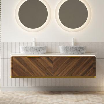 60 Bathroom Vanity with Sinks Floating Plywood Cabinet 2 Drawers Sensor Light 2 Marble Pattern Ceramic Vessel Basins Sintered Stone Dark Walnut