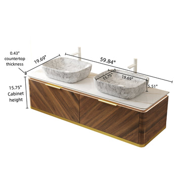 60 Bathroom Vanity with Sinks Floating Plywood Cabinet 2 Drawers Sensor Light 2 Marble Pattern Ceramic Vessel Basins Sintered Stone Dark Walnut