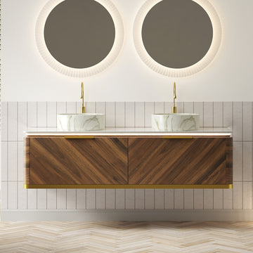 60 Bathroom Vanity with Sinks Floating Plywood Cabinet 2 Drawers Sensor Light 2 Stone Pattern Ceramic Vessel Basins Sintered Stone Dark Walnut