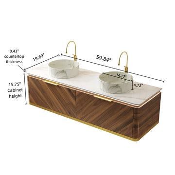 60 Bathroom Vanity with Sinks Floating Plywood Cabinet 2 Drawers Sensor Light 2 Stone Pattern Ceramic Vessel Basins Sintered Stone Dark Walnut