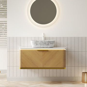36 Bathroom Vanity with Sink Floating Plywood Cabinet Twill Drawer Handle Sensor Light Marble Pattern Ceramic Vessel Basin Sintered Stone Espresso