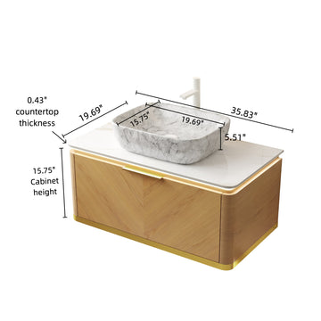 36 Bathroom Vanity with Sink Floating Plywood Cabinet Twill Drawer Handle Sensor Light Marble Pattern Ceramic Vessel Basin Sintered Stone Espresso