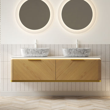 60 Bathroom Vanity with Sinks Floating Plywood Cabinet 2 Drawers Sensor Light 2 Marble Pattern Ceramic Vessel Basins Sintered Stone Espresso