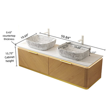 60 Bathroom Vanity with Sinks Floating Plywood Cabinet 2 Drawers Sensor Light 2 Marble Pattern Ceramic Vessel Basins Sintered Stone Espresso