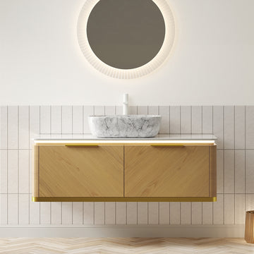 48 Bathroom Vanity with Sink Floating Plywood Cabinet Drawers Handle Sensor Light Marble Pattern Ceramic Vessel Basin Sintered Stone Espresso
