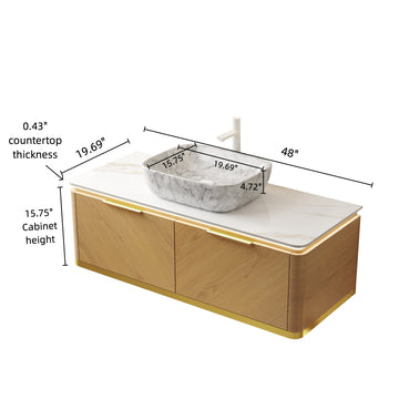 48 Bathroom Vanity with Sink Floating Plywood Cabinet Drawers Handle Sensor Light Marble Pattern Ceramic Vessel Basin Sintered Stone Espresso