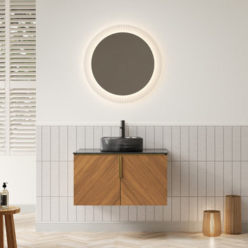 30 Bathroom Vanity with Sink Wall Mounted Plywood Cabinet Double Doors Transparent Black Round Glass Basin Black Sintered Stone Top Espresso