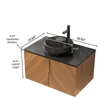 30 Bathroom Vanity with Sink Wall Mounted Plywood Cabinet Double Doors Transparent Black Round Glass Basin Black Sintered Stone Top Espresso
