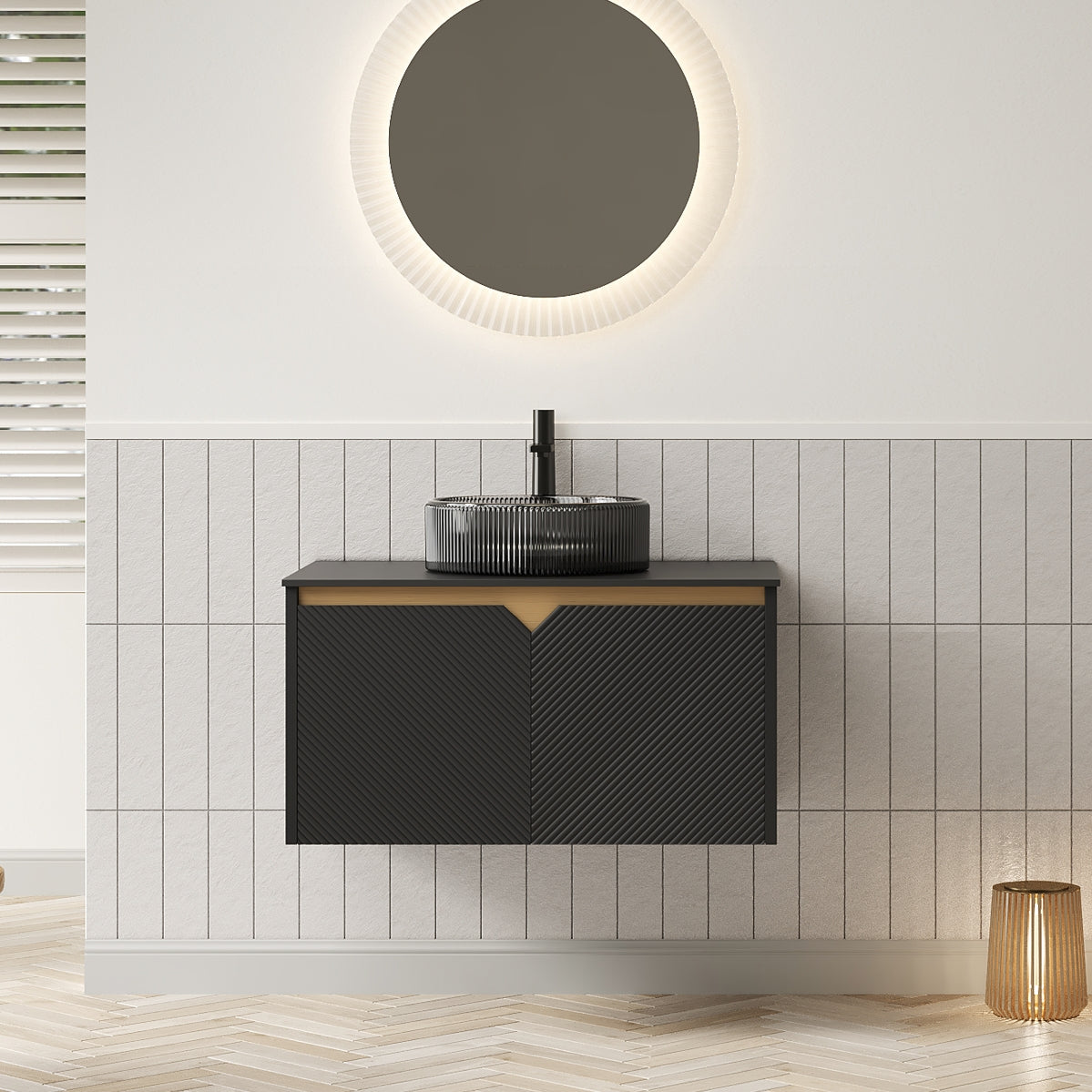 30 Bathroom Vanity with Sink Wall Mounted Floating Plywood Cabinet Twill Double Doors Transparent Black Round Glass Basin Black Sintered Stone