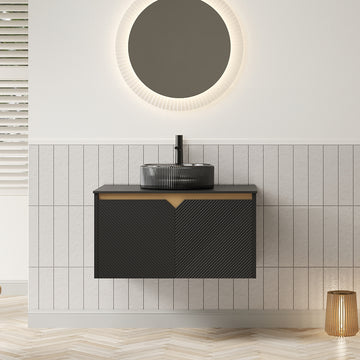 30 Bathroom Vanity with Sink Wall Mounted Floating Plywood Cabinet Twill Double Doors Transparent Black Round Glass Basin Black Sintered Stone