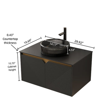 30 Bathroom Vanity with Sink Wall Mounted Floating Plywood Cabinet Twill Double Doors Transparent Black Round Glass Basin Black Sintered Stone