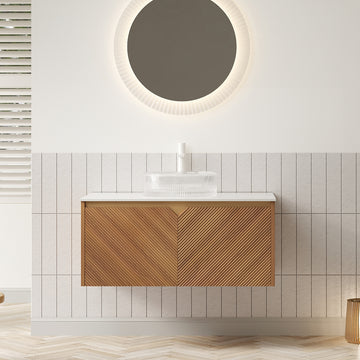 36 Bathroom Vanity with Sink Floating Plywood Cabinet Twill Double Doors Transparent Round Glass Vessel Basin Carrara White Sintered Stone Corolla Oak