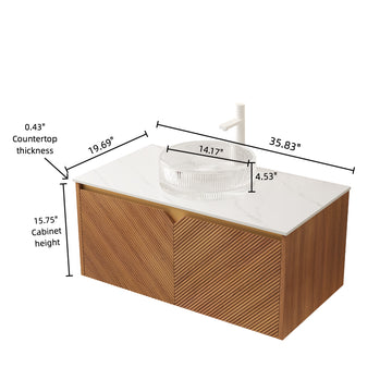 36 Bathroom Vanity with Sink Floating Plywood Cabinet Twill Double Doors Transparent Round Glass Vessel Basin Carrara White Sintered Stone Corolla Oak