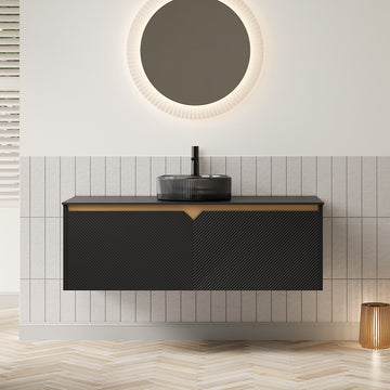 48 Bathroom Vanity with Sink Wall Mounted Floating Plywood Cabinet Twill Double Doors Transparent Black Round Glass Basin Black Sintered Stone
