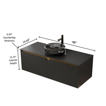 48 Bathroom Vanity with Sink Wall Mounted Floating Plywood Cabinet Twill Double Doors Transparent Black Round Glass Basin Black Sintered Stone