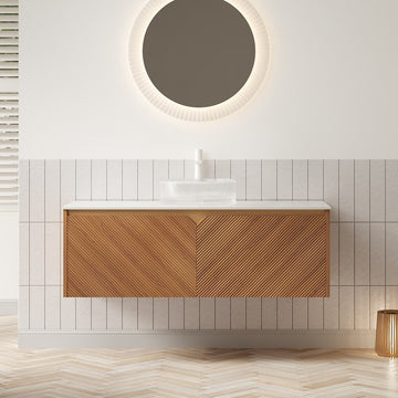 48 Bathroom Vanity with Sink Floating Plywood Cabinet Twill Double Doors Transparent Round Glass Vessel Basin Carrara White Sintered Stone Corolla Oak