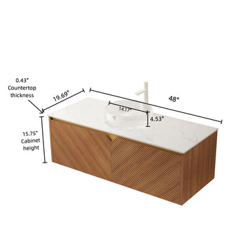 48 Bathroom Vanity with Sink Floating Plywood Cabinet Twill Double Doors Transparent Round Glass Vessel Basin Carrara White Sintered Stone Corolla Oak
