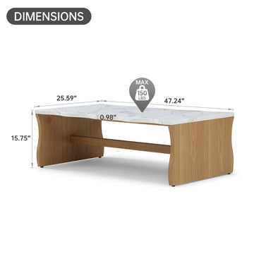 47.24 Inch Whisper of Waves Modern Coffee Table White Faux Marble Top Natural Wood Base