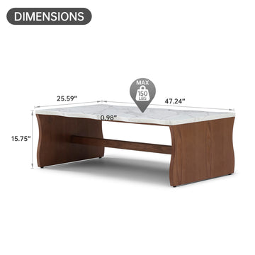 47.24 Inch Whisper of Waves Modern Coffee Table White Faux Marble Top Walnut Brown Base