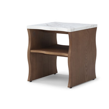 17.72in Modern End Table with Storage Shelf Faux Marble Top and Wood Veneer Base Nightstand Side Table for Living Room Bedroom Walnut Brown