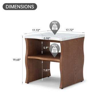 17.72in Modern End Table with Storage Shelf Faux Marble Top and Wood Veneer Base Nightstand Side Table for Living Room Bedroom Walnut Brown