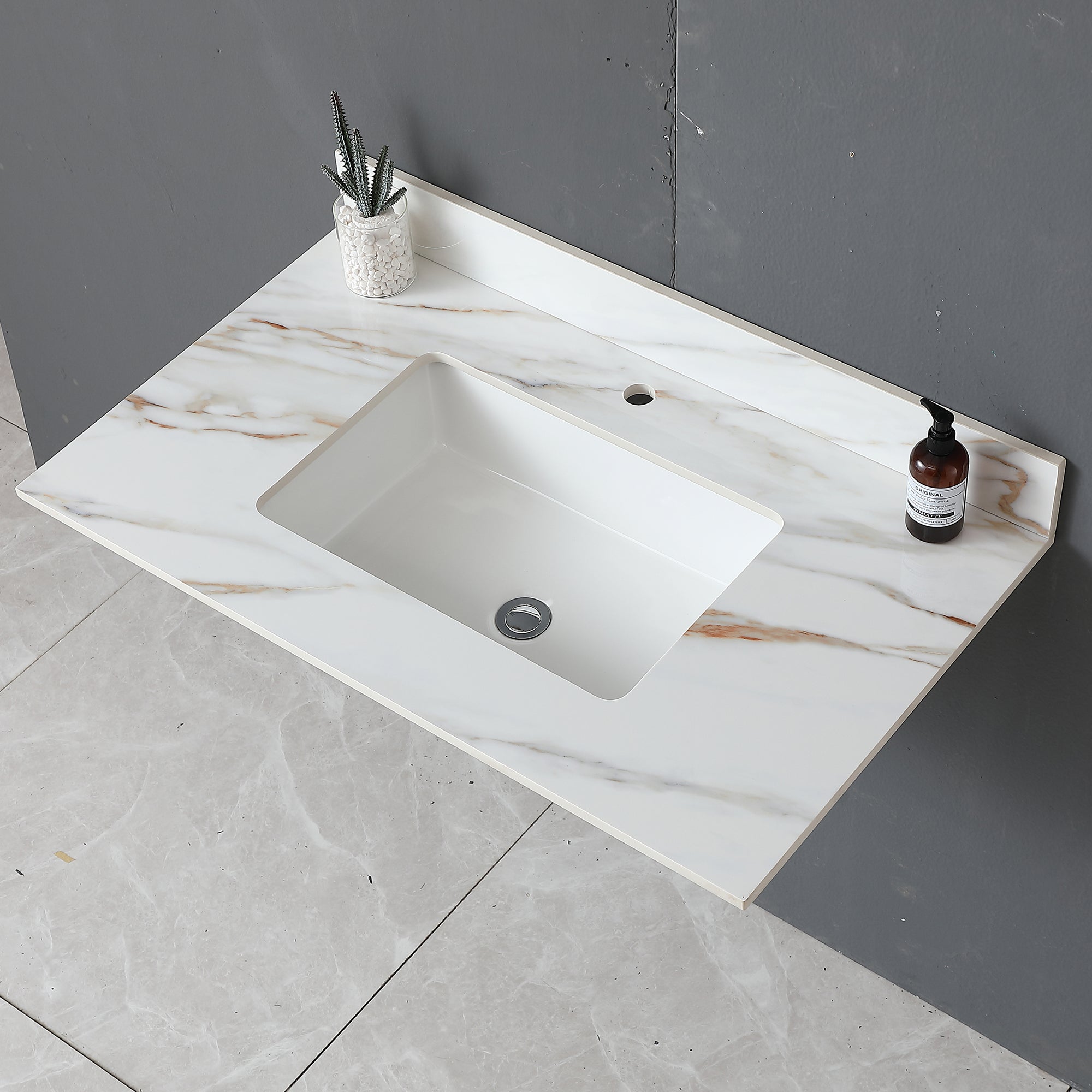 37 Inch Marble Bathroom Vanity Top with Rectangular Sink and 4 Inch Backsplash in Carrara White