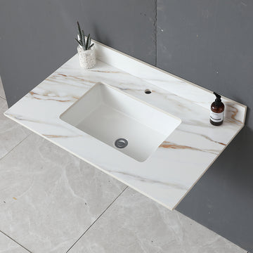 37 Inch Marble Bathroom Vanity Top with Rectangular Sink and 4 Inch Backsplash in Carrara White