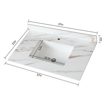 37 Inch Marble Bathroom Vanity Top with Rectangular Sink and 4 Inch Backsplash in Carrara White