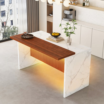 63 Inch Modern Kitchen Island White Marble Look Surface Adjustable LED Lights Grille Design for Dining Living Room