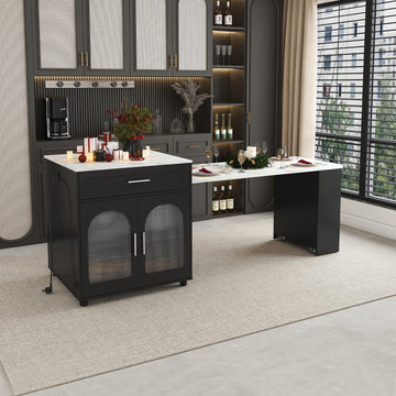 80 Inch Expandable Kitchen Island with Dining Table Marble-Grain Countertop Power Outlet Mobile Storage Cart Black