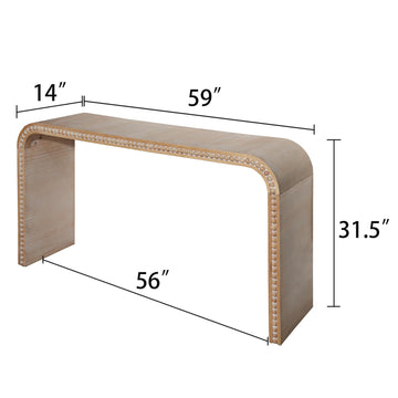 59 Inch Natural Wood Console Table Curved Waterfall Entryway Table with Wood Beads for Hallway Living Room Foyer Office