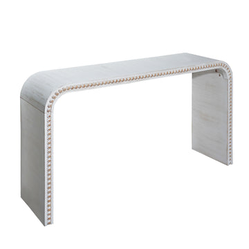 59 Inch Washed White Console Table Curved Waterfall Entryway Table with Wood Beads for Hallway Living Room Foyer Office