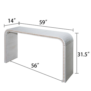 59 Inch Washed White Console Table Curved Waterfall Entryway Table with Wood Beads for Hallway Living Room Foyer Office