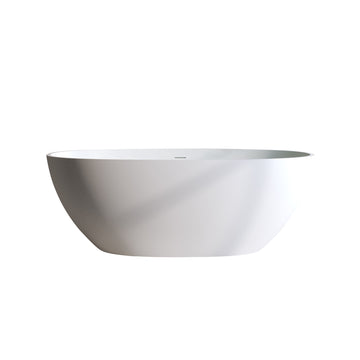 59 Inch Solid Surface Matte White Oval Freestanding Soaking Tub With Overflow Pop up Drain