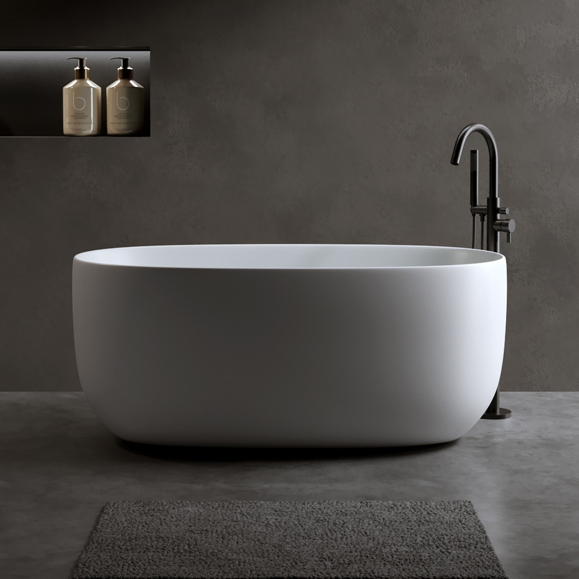 47 Inch Solid Surface Resin Stone Freestanding Bathtub Modern Design Matte White with Pop up Drain Overflow Pipe for Small Households