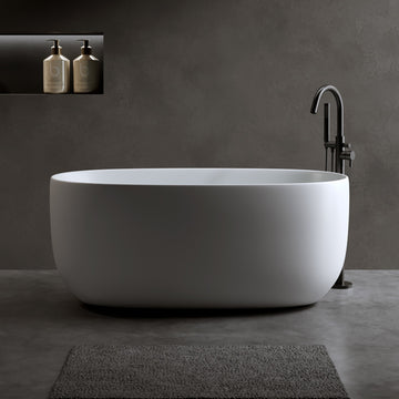 47 Inch Solid Surface Resin Stone Freestanding Bathtub Modern Design Matte White with Pop up Drain Overflow Pipe for Small Households