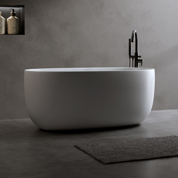 47 Inch Solid Surface Resin Stone Freestanding Bathtub Modern Design Matte White with Pop up Drain Overflow Pipe for Small Households