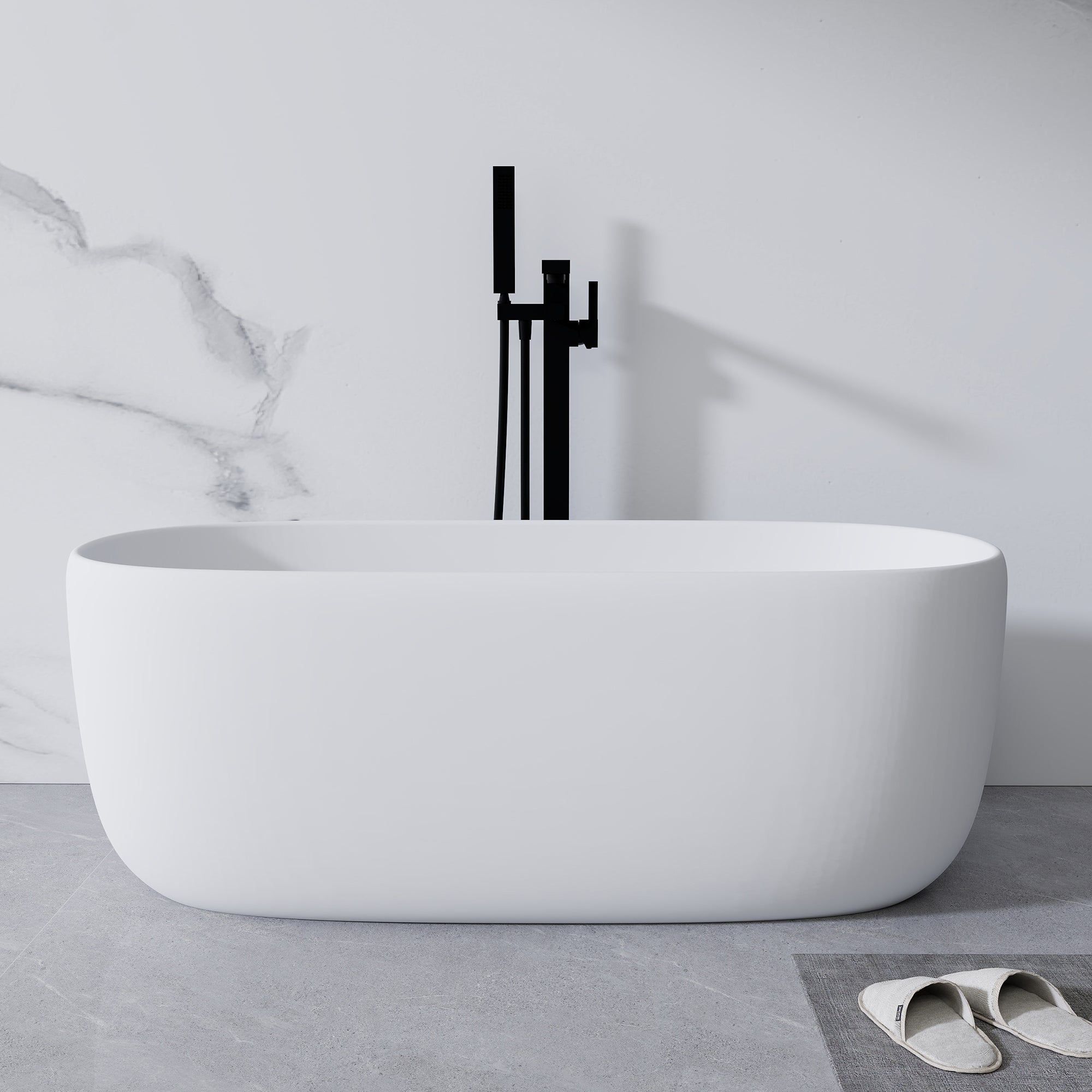 51 Inch Freestanding Resin Stone Soaking Bathtub Solid Surface Modern White with Overflow Pop up Drain