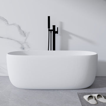 51 Inch Freestanding Resin Stone Soaking Bathtub Solid Surface Modern White with Overflow Pop up Drain