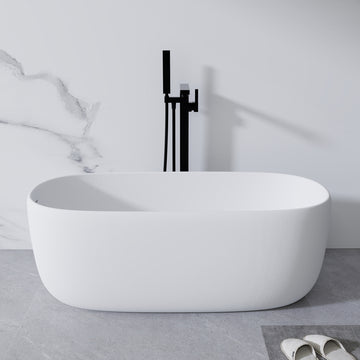 51 Inch Freestanding Resin Stone Soaking Bathtub Solid Surface Modern White with Overflow Pop up Drain