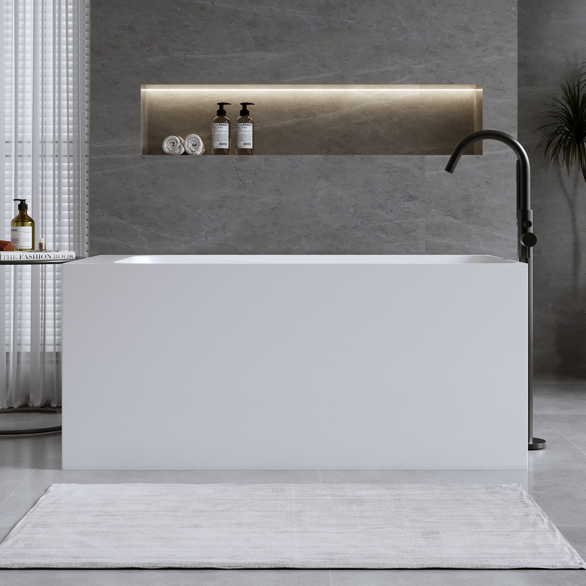 51 Inch Solid Surface Matte White Freestanding Bathtub Resin Stone Anti Slip with Overflow Pop up Drain