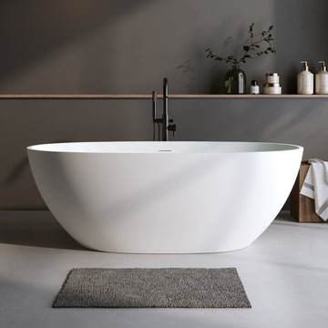 63 Inch Solid Surface Matte White Freestanding Bathtub Thick Edge Soaking Tub with Overflow Pop up Drain