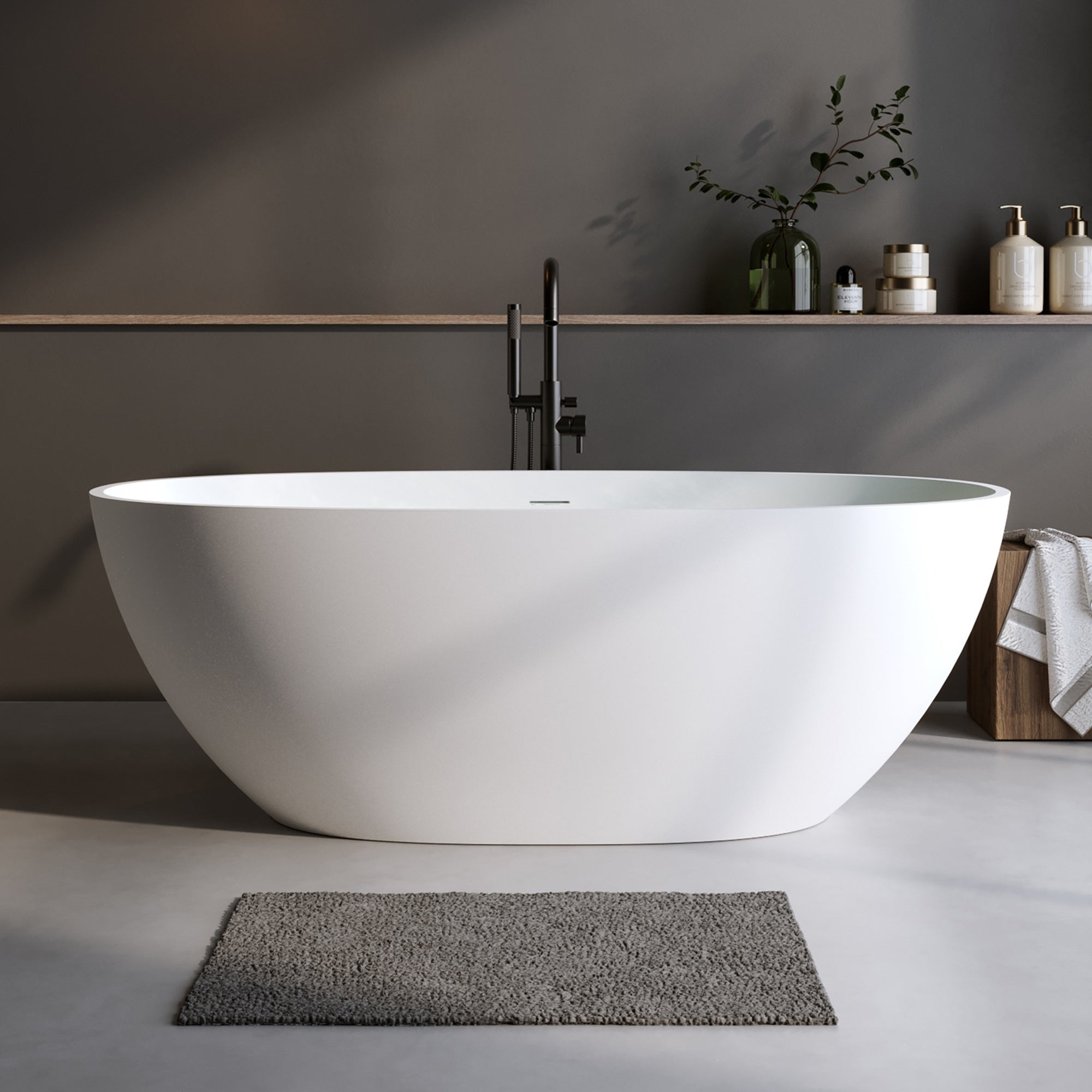 66.9inch Solid Surface Matte White Freestanding Bathtub Thick Edge Soaking Tub with Overflow Pop-up Drain