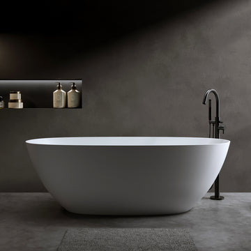 57 Inch Solid Surface Matte White Freestanding Bathtub Resin Stone Soaking Tub with Overflow Pop up Drain